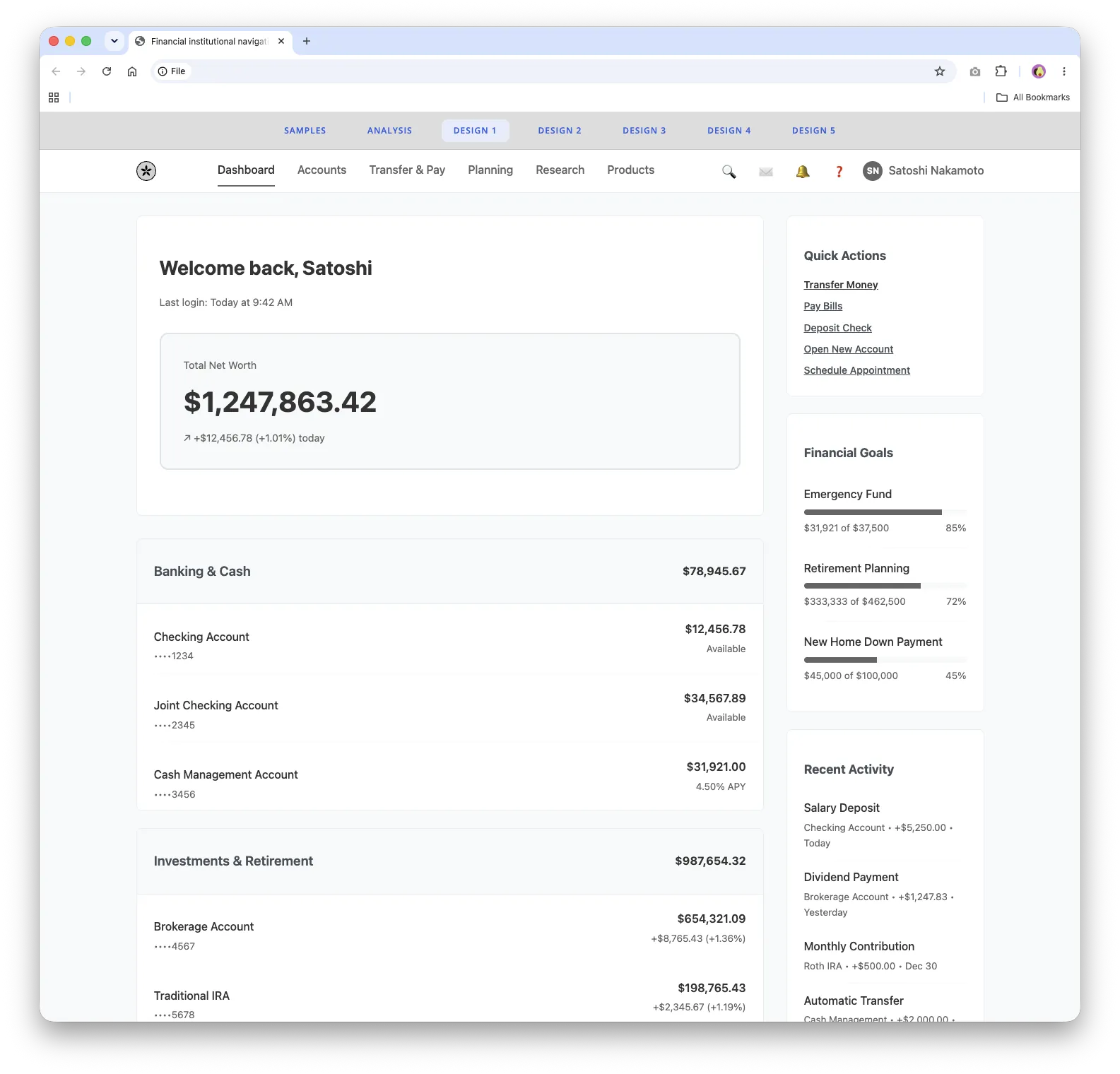 Concept 1: top navigation with a net worth card above stacked banking and investment account lists, and a sidebar of quick actions, goals, and activity