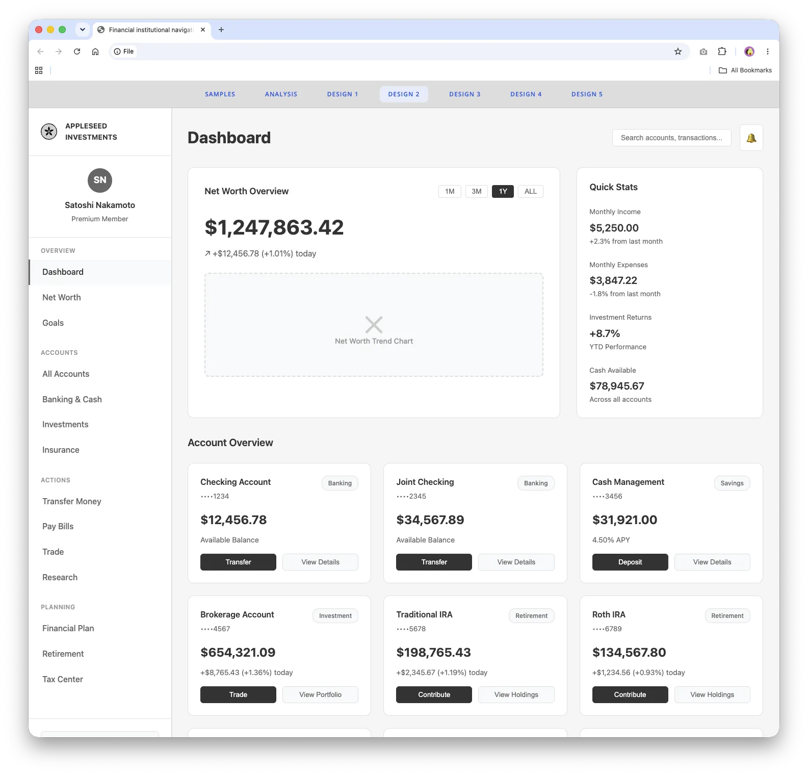 Grayscale dashboard concept with a persistent left sidebar, a net worth overview, and account cards with quick actions