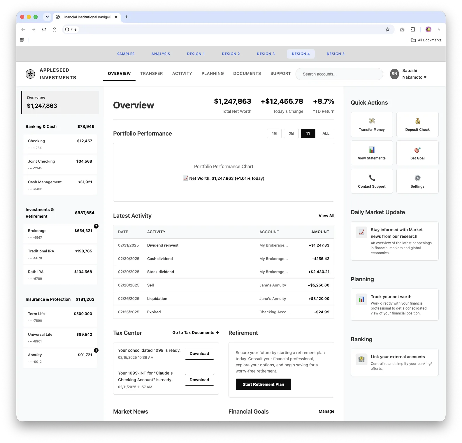 Concept 4: account list on the left, portfolio performance and activity in the center, and quick actions, market news, and planning on the right