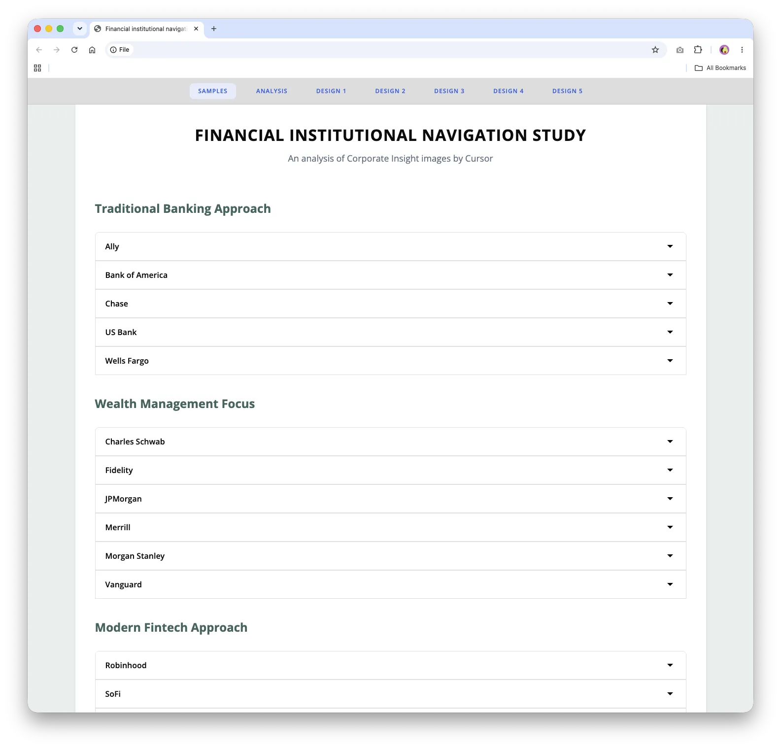 Research site listing financial institutions grouped by approach: traditional banking, wealth management, and modern fintech