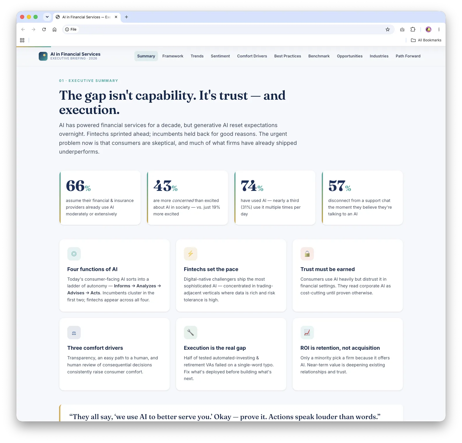 Executive summary section with four headline statistics about consumer attitudes toward AI and six key takeaway cards