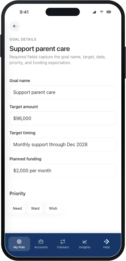 Editable goal details form with goal name, target amount, timing, planned funding, and priority