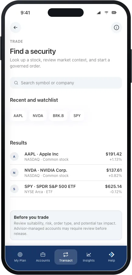 Trade screen for finding a security, with a watchlist, search results, and a before-you-trade reminder