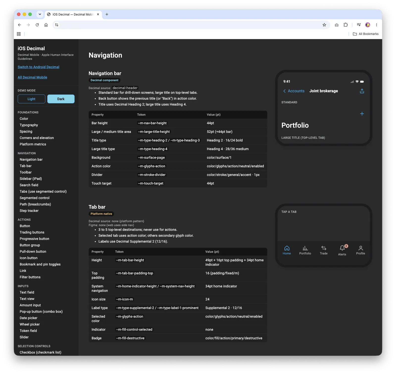 iOS Decimal design system site in dark mode, showing navigation bar and tab bar specs next to live phone previews