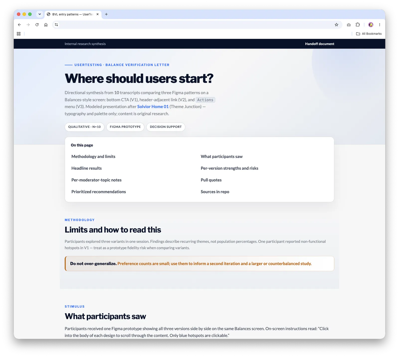 Research synthesis website titled Where should users start, comparing three entry points for the balance verification letter