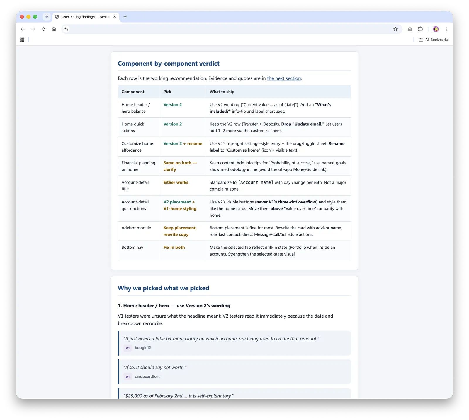 Component-by-component verdict table recommending which version to ship for each part of the app
