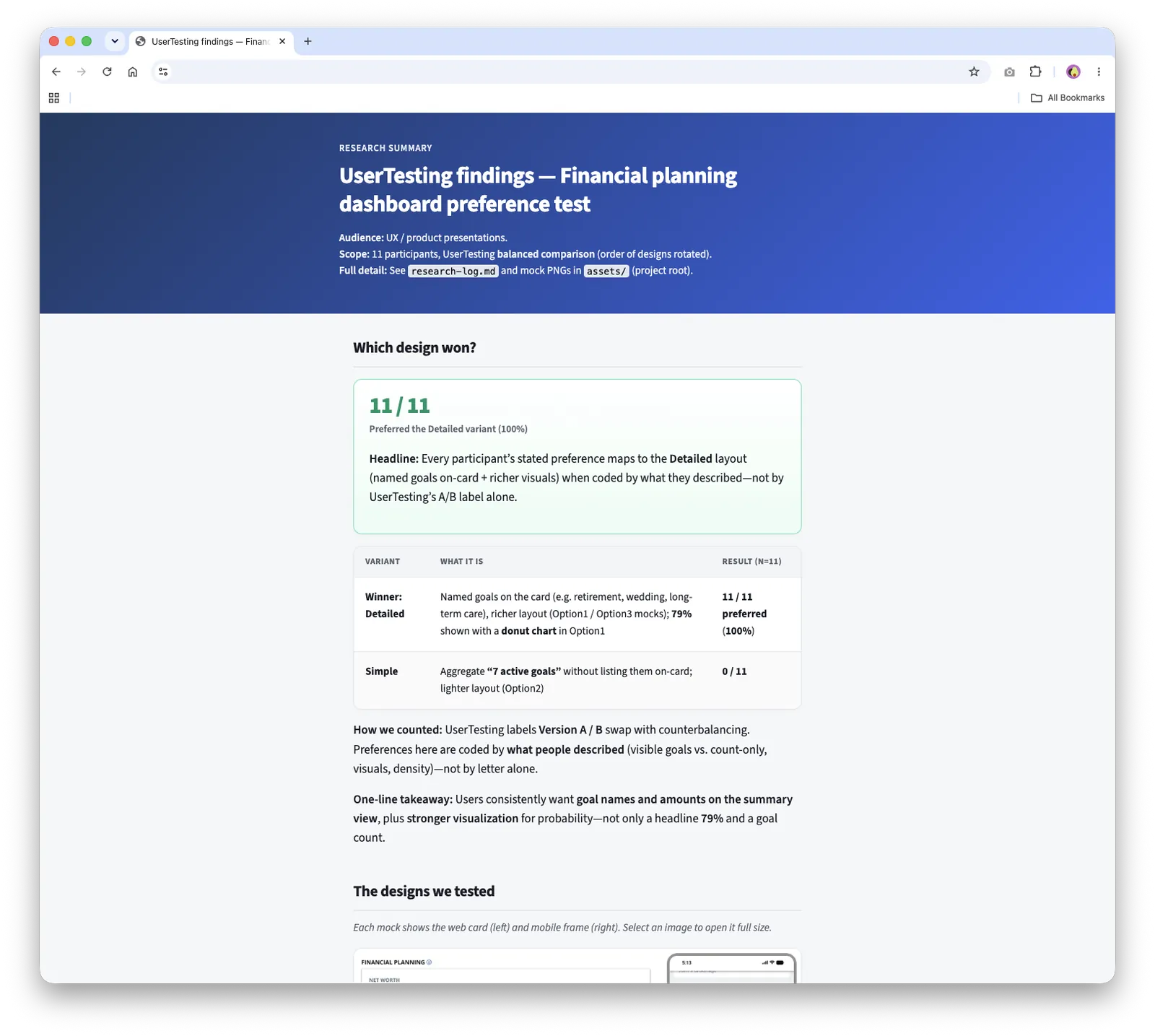 Research summary website showing 11 of 11 participants preferred the detailed financial planning design