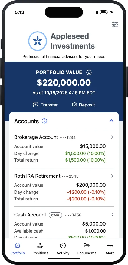 Appleseed Investments portfolio home screen showing total value, Transfer and Deposit actions, and account list