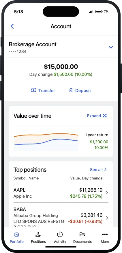 Brokerage account screen with value over time chart and top positions