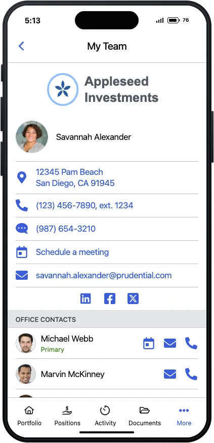 My Team screen with the financial advisor's contact options and office contacts