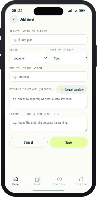 Add Word form with fields for the Spanish word, level, part of speech, translation, and example sentences