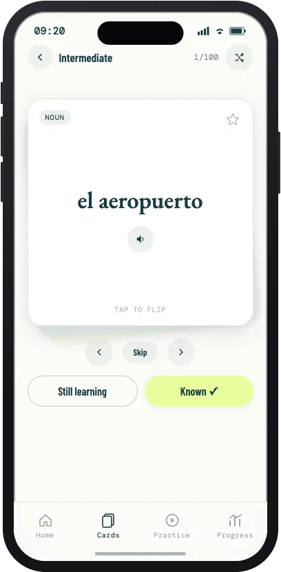 Intermediate flashcard for el aeropuerto, labeled as a noun