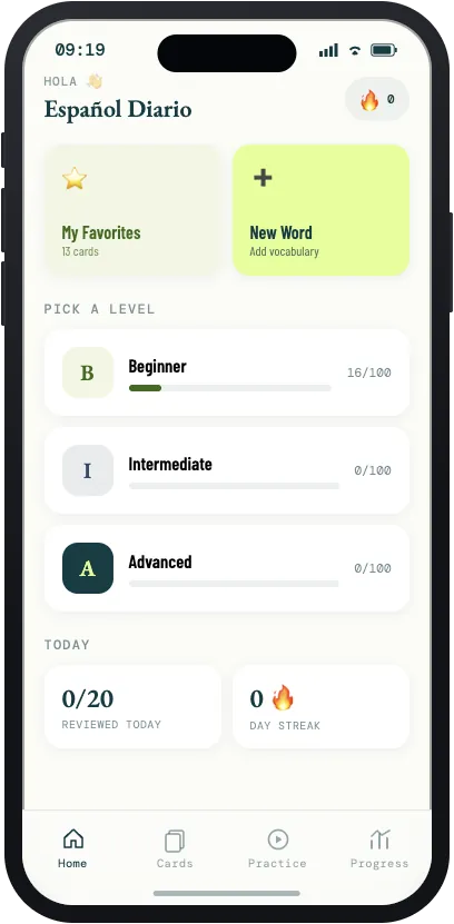 Español Diario home screen with favorites, a new word button, three levels with progress bars, and daily stats