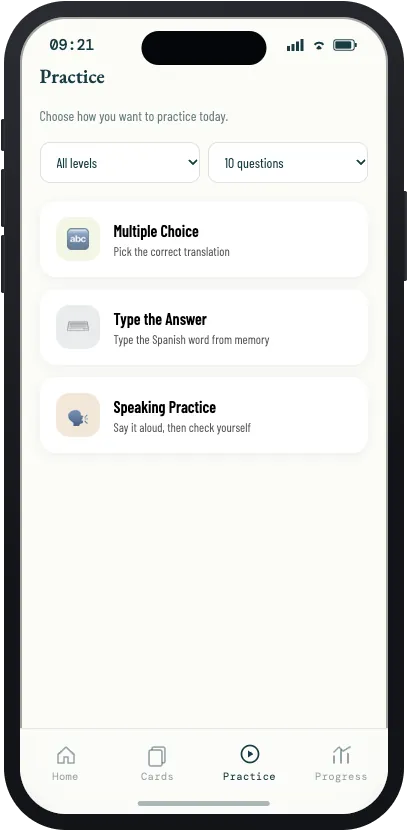 Practice screen offering multiple choice, type the answer, and speaking practice