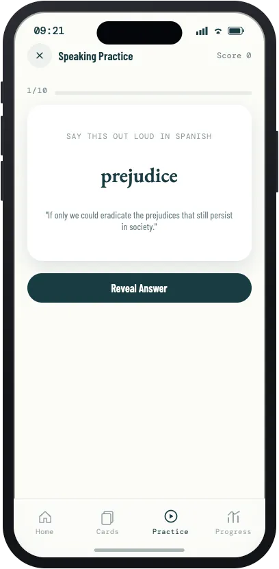 Speaking practice card asking the learner to say prejudice out loud in Spanish, with an example sentence