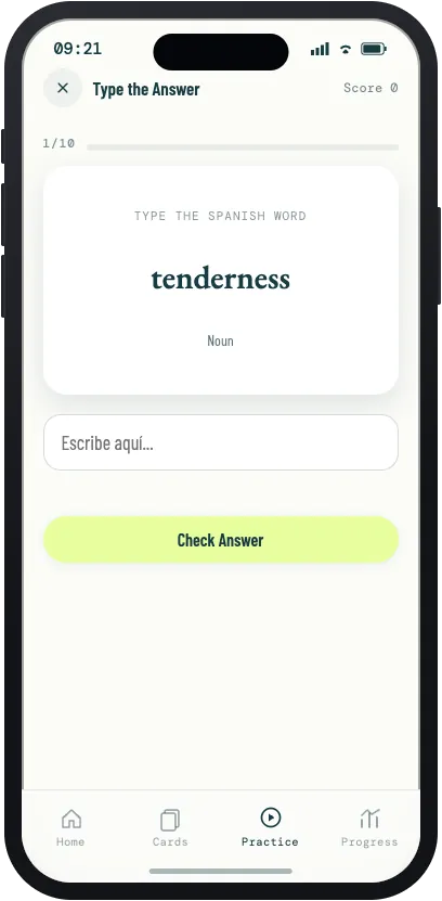 Typing question asking for the Spanish word for tenderness, with an answer field