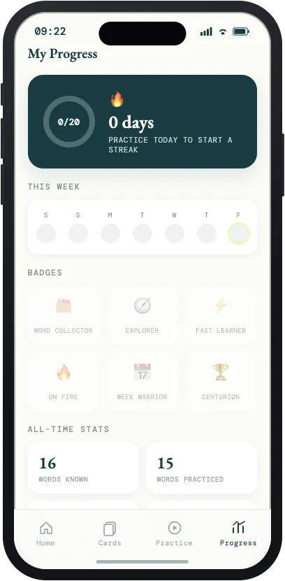 My Progress screen with a daily goal ring, streak, weekly tracker, badges, and all-time stats