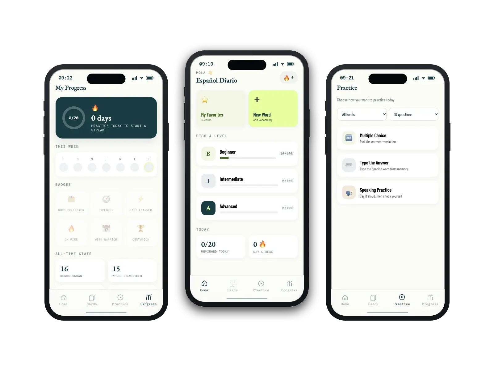 Español Diario Spanish learning app screens with flashcards and practice modes